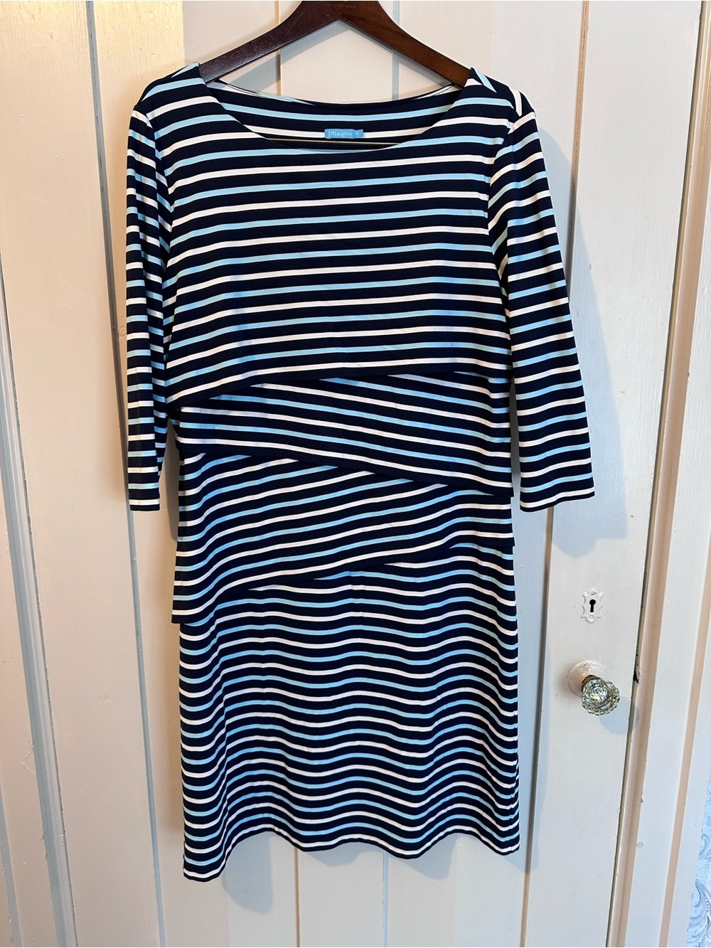 J. McLaughlin Navy and White Striped Boatneck Midi Dress